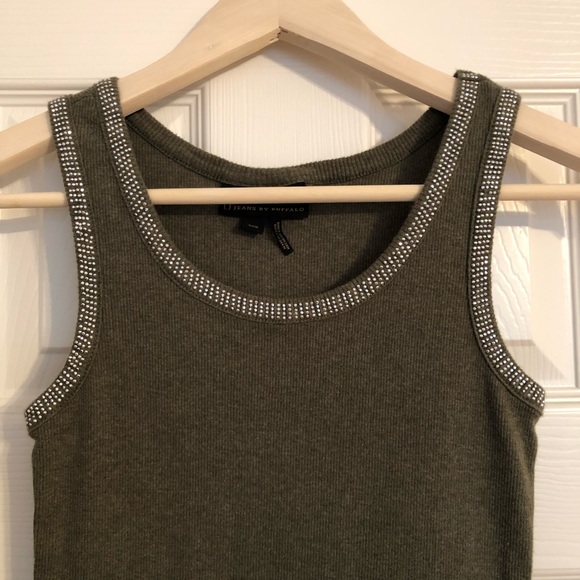 Army Green Rhinestone Ribbed Tank Top - Picture 3 of 6